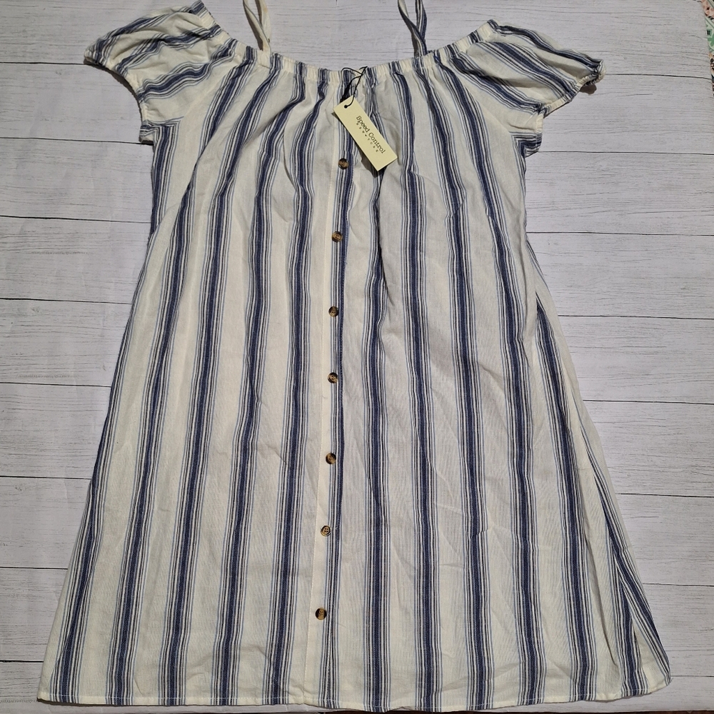 NEW Speed Control Off-Shoulder Striped Button-Front Mini Dress Size Medium